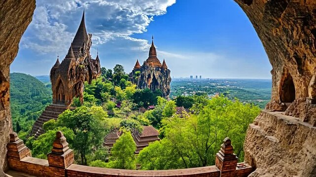 Majestic Temples View from Cave Entrance in Myanmar