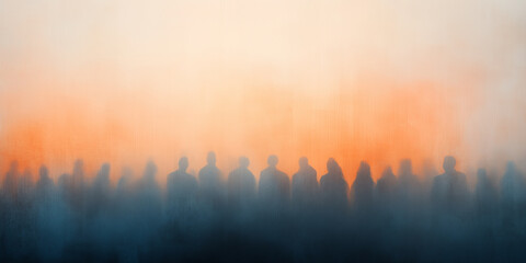 Mysterious silhouettes of people in fog against warm sunset background evoke sense of intrigue and connection.