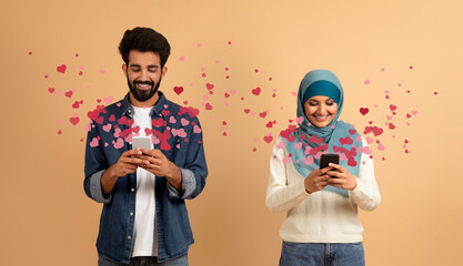 A couple joyfully exchanges affectionate messages on their smartphones while surrounded by heart graphics, highlighting the connection of love and technology during Valentine's Day.