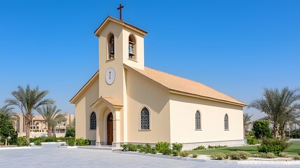 Fototapeta premium Charming Small Church Surrounded by Lush Greenery and Palm Trees