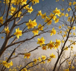 Daffodil tree branches with golden yellow flowers, daffodil, yellow blossoms, autumn flowers