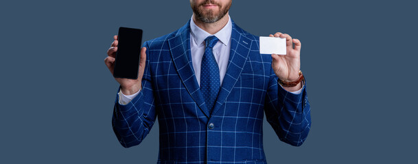 Businessman business man pay online banking in shopping app with credit or debit card, cropped view