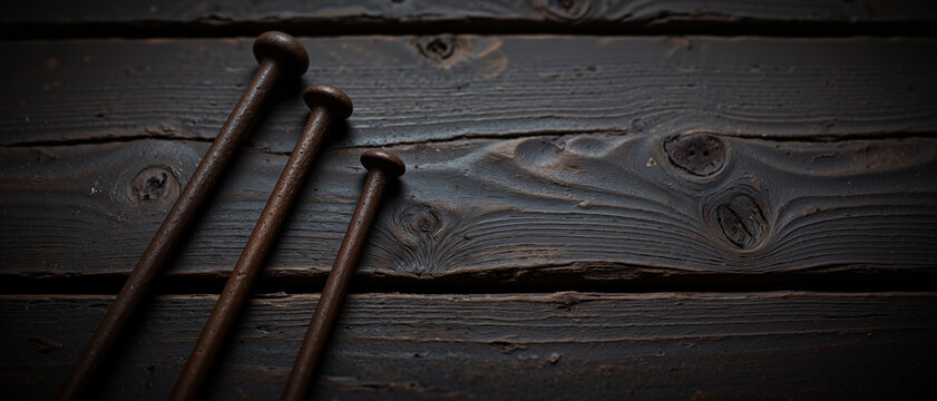 Three antique nails resting on a dark wooden surface conveying a historical and somber mood, symbolizing sacrifice and significance associated with Maundy Thursday - Powered by Adobe