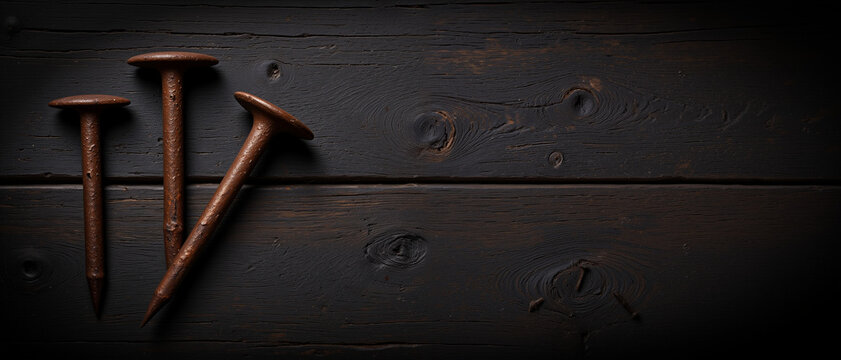 Three rusted nails on dark wooden background symbolizing sacrifice and reflection during Maundy Thursday - Powered by Adobe