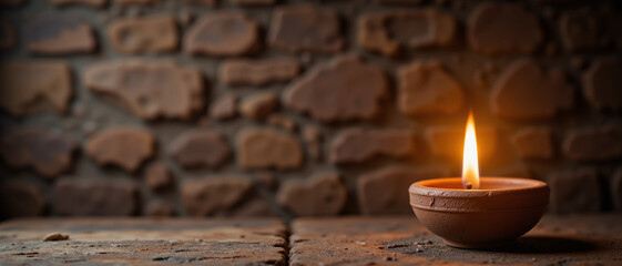 Candle flickering in a rustic clay holder creating a serene atmosphere against a textured stone wall background symbolizing Maundy Thursday