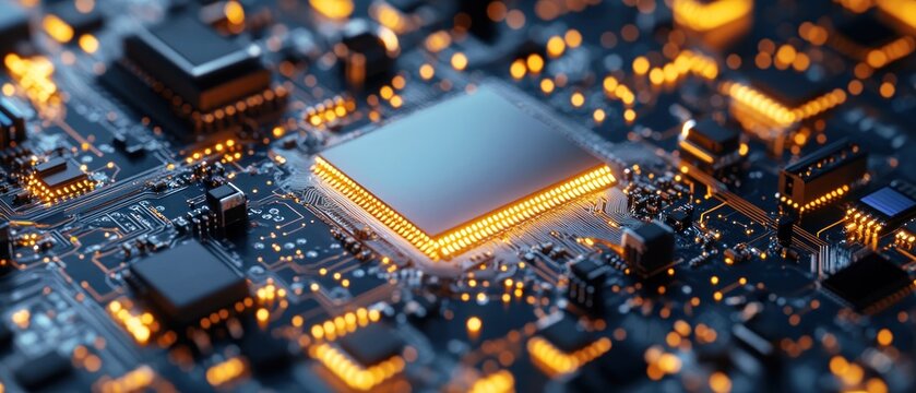 Close-up of a glowing microprocessor on a circuit board, showcasing intricate technological details and illuminating the complex inner workings of modern electronics.