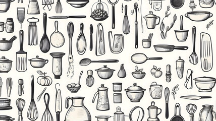vector illustration featuring a collection of hand-drawn, doodle-style kitchen utensil icons. The icons are designed with uniform black line-art strokes, creating a playful yet detailed aesthetic. 