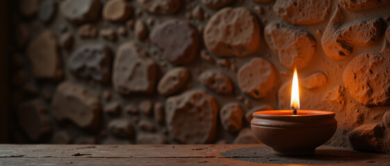 Burning clay candle on wooden table casting warm light against textured stone wall creating a serene atmosphere for reflection and meditation