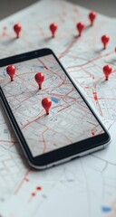 Smartphone map with red location pins on paper