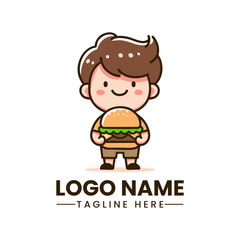 Boy Holding a Hamburger  Fun Vector Logo Illustration  Fast Food Mascot Design