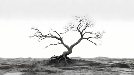 Dead and withered tree stands alone in a barren landscape, its bare branches stretching towards the gray sky, symbolizing decay and desolation. Time-Dilated Landscapes. Illustration