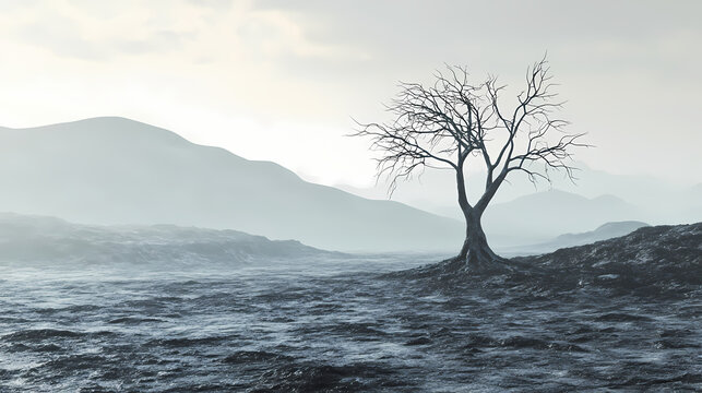 Dead and withered tree stands alone in a barren landscape, its bare branches stretching towards the gray sky, symbolizing decay and desolation. Time-Dilated Landscapes. Illustration