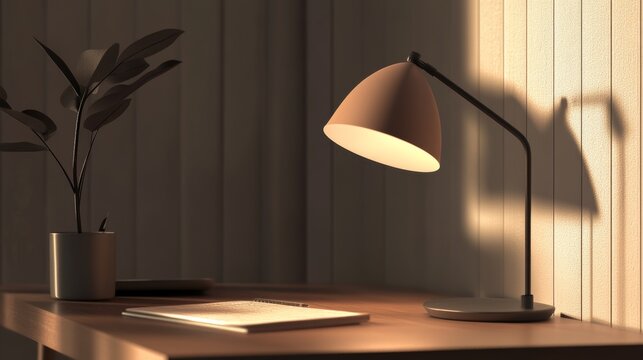 Warm interior lit by a stylish desk lamp with a plant and notepad on a wooden surface during evening hours