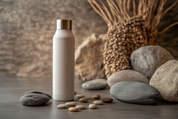 A sleek water bottle stands upright among smooth stones, creating a calming atmosphere in a simple, natural decor that emphasizes tranquility. Generative AI