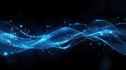 Obraz premium Abstract blue glowing particles wave on a dark background with a bokeh effect