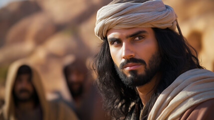 Bearded middle eastern man wearing traditional clothing and turban in desert setting