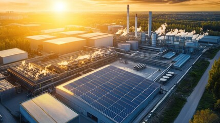 Fototapeta premium Sustainable Energy Complex at Sunset: A Modern Industrial Power Plant Utilizing Solar Energy for a Greener Future