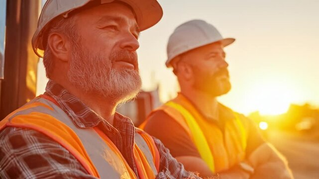 Two Smiling Construction Workers Enjoying a Sunset, Wearing Safety Gear and Reflecting on a Productive Day at the Job Site with Warm Colors in the Background