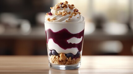 Elegant blueberry parfait in glass displaying layered textures and colors