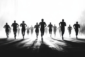 Obraz premium Silhouettes of runners sprinting towards a bright light. Depicts competition, striving for success, and achieving goals.