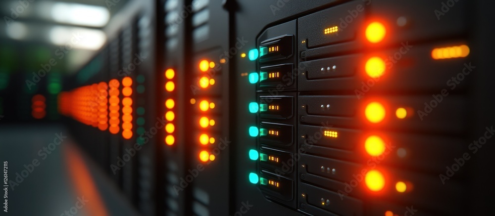 Poster data server with glowing indicators for network performance monitoring