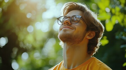 Young man in glasses, enjoying sunlight, outdoors. Ideal for themes of peace, nature, well-being.
