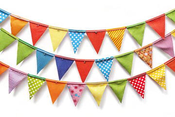 Colorful bunting flags strung on twine against white backdrop