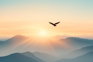 Fototapeta premium A breathtaking scene of a bird soaring high above misty mountain peaks as the golden rays of the sunrise cast a warm glow.