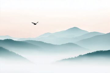 Fototapeta premium A peaceful and minimalistic scene of misty mountains with soft pastel hues blending into the sky.