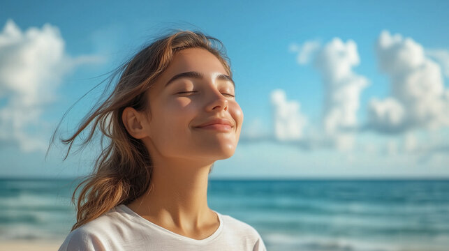 Joyful woman basking in the summer sun, sparkling sea and blue skies as her backdrop.