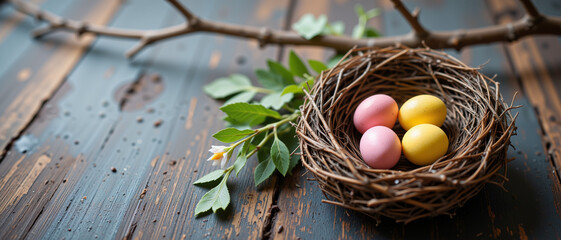 Easter eggs nestled in a rustic twig nest surrounded by green leaves on a weathered wooden table conveying a festive and cheerful atmosphere
