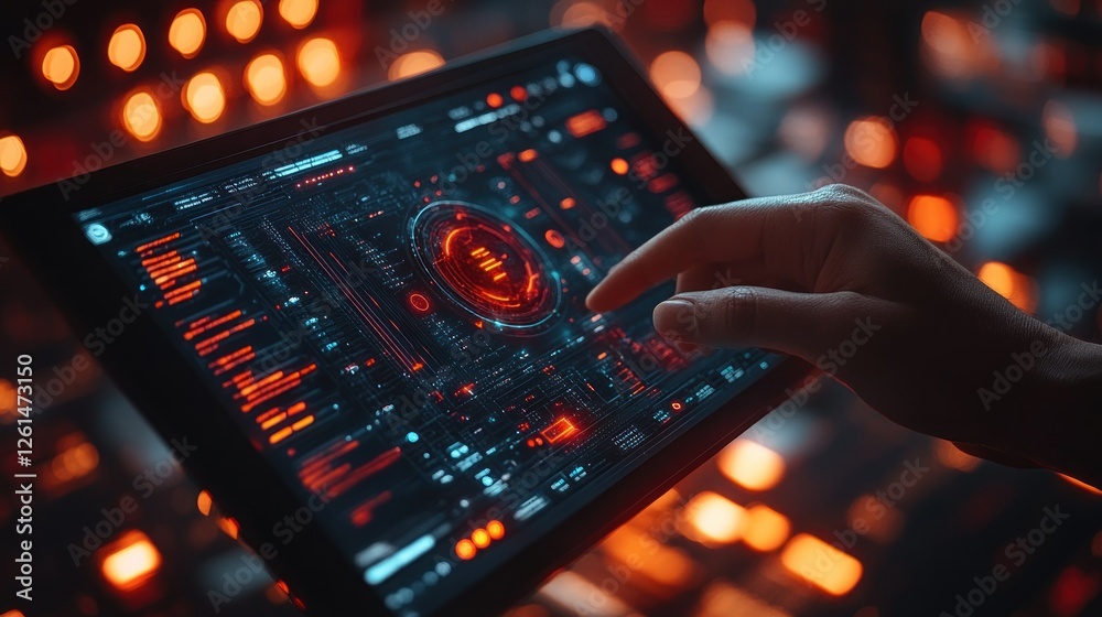 Poster futuristic user interface display on tablet with touch interaction in digital environment