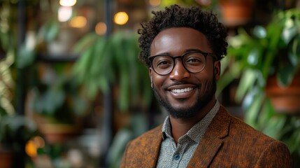 Fototapeta premium Confident Young Man Smiling in a Lush Green Indoor Garden Space