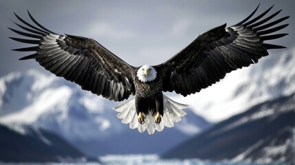 Fototapeta premium Majestic Bald Eagle in Flight Over Snowy Mountain Landscape