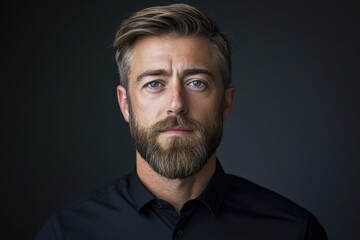 Obraz premium Close-up portrait of a man with a beard, wearing a black shirt against a dark background. Ideal for corporate, professional, or serious themed projects needing a mature male image.
