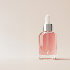 Elegant glass dropper bottle with pink serum and silver cap photographed against soft rose background with reflection