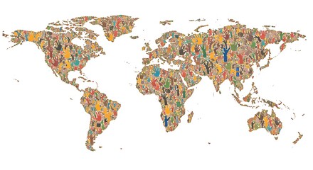 Obraz premium World Map Handprints Global Unity Diversity Colorful Illustration