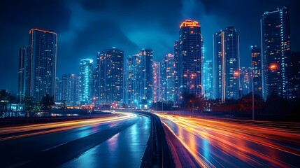 Metropolitan luminescence, urban skyline captured with vibrant light trails