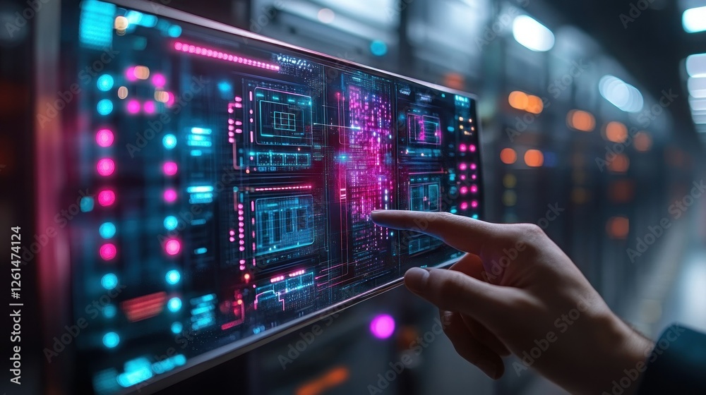 Poster futuristic interface interaction with digital data display in server room