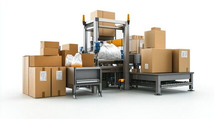 A packaging machine surrounded by various cardboard boxes and bags for industrial use.