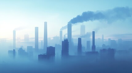 Naklejka premium Smog-shrouded city skyline, industrial pollution, hazy sunrise, environmental impact, stock photo