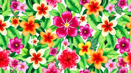 Obraz premium A vibrant seamless pattern featuring a kaleidoscope of tropical flowers and lush green leaves rendered in a watercolor style, exhibiting a playful, whimsical aesthetic with a balanced .