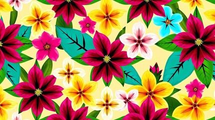Obraz premium A vibrant seamless pattern featuring a kaleidoscope of tropical flowers in a bold, graphic style, rendered in a digital painting medium with vivid hues of fuchsia, turquoise, and golde.