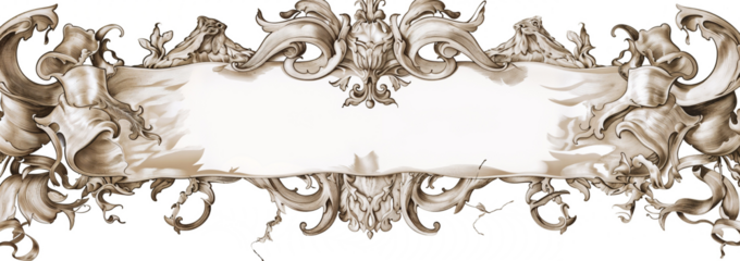 An ornate baroque frame with intricate flourishes, swirling acanthus leaves, and vintage-style decorations. The symmetrical design has a blank center for customizable text