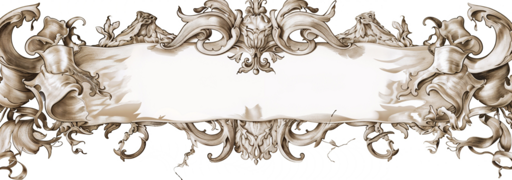 An ornate baroque frame with intricate flourishes, swirling acanthus leaves, and vintage-style decorations. The symmetrical design has a blank center for customizable text