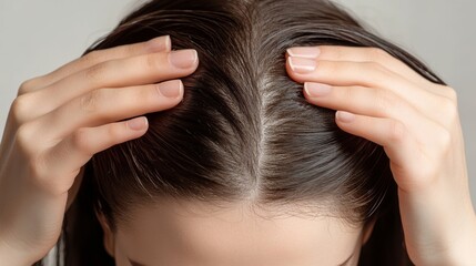 Hands gently press on scalp during hair care routine in a serene indoor setting