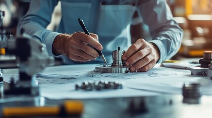 A person is sketching and measuring mechanical components in a workshop.