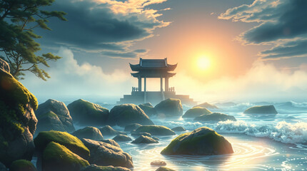 Coastal temple at dawn - Anime aesthetic wallpaper