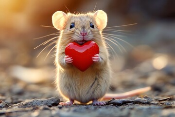 Cute rat baby with diamond red heart on in a natural habitat. Commercial animal conceptual art. Rat - my desired animal. Valentine's day nature theme. Heartwarming nature love story.
