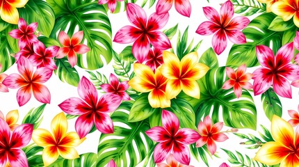 Obraz premium A vibrant seamless pattern featuring an array of tropical flowers in a watercolor style, with lush greens, bright pinks, and sunny yellows, arranged in a repeating motif on a white bac.